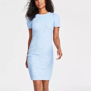 Calvin Klein Blue Tweed Puff Sleeve Sheath Dress Size 12